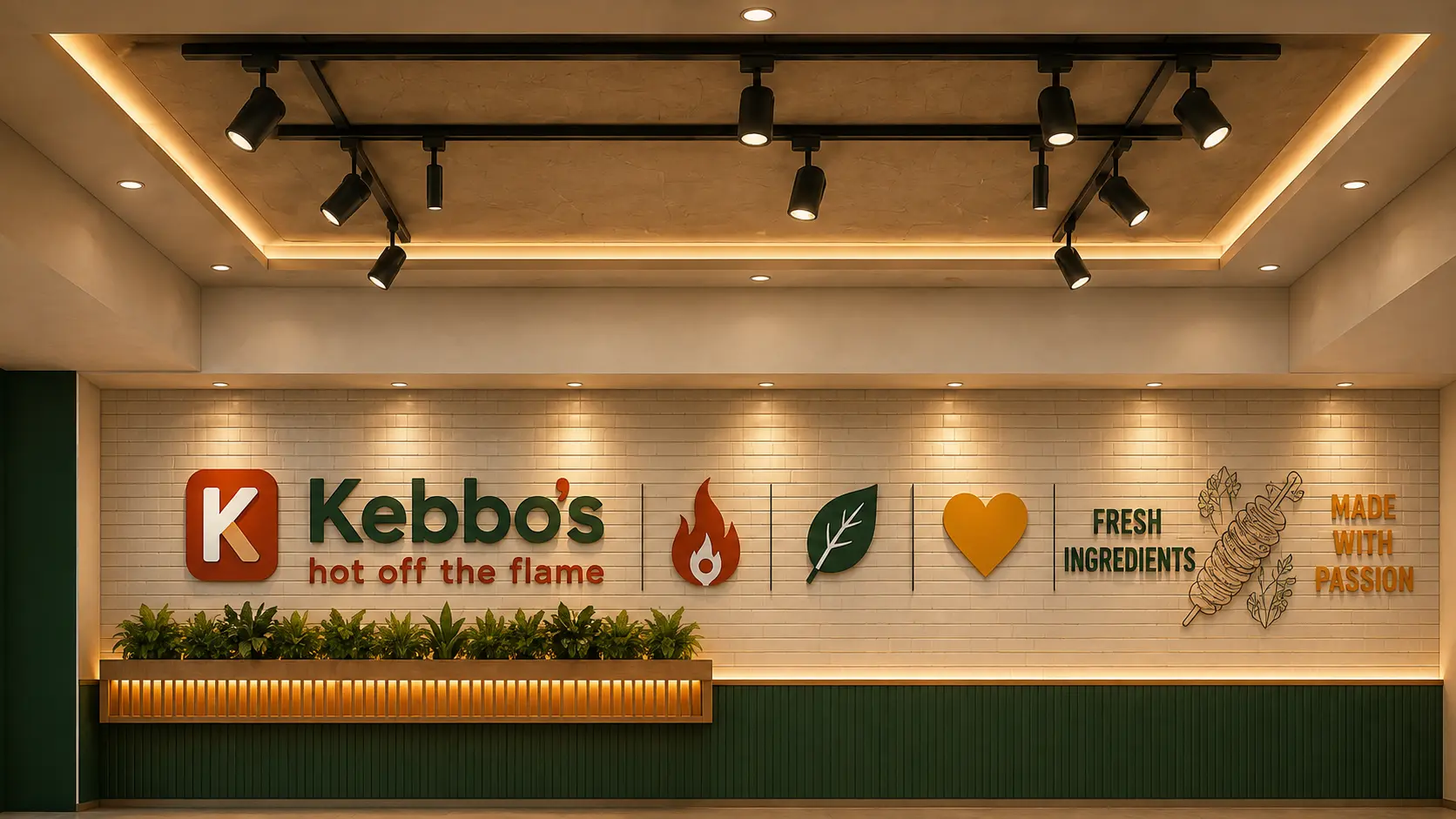 Kebbo’s restaurant concept interior with brand symbols