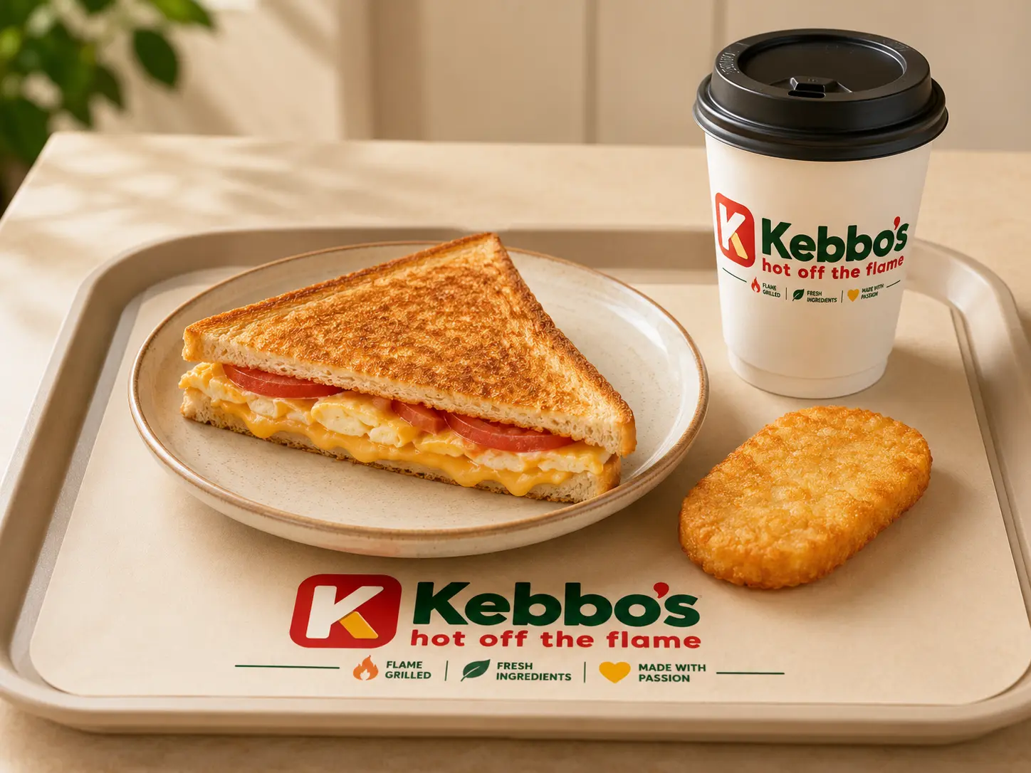 Kebbo’s breakfast toastie, hash brown and branded takeaway coffee presented on a lined tray