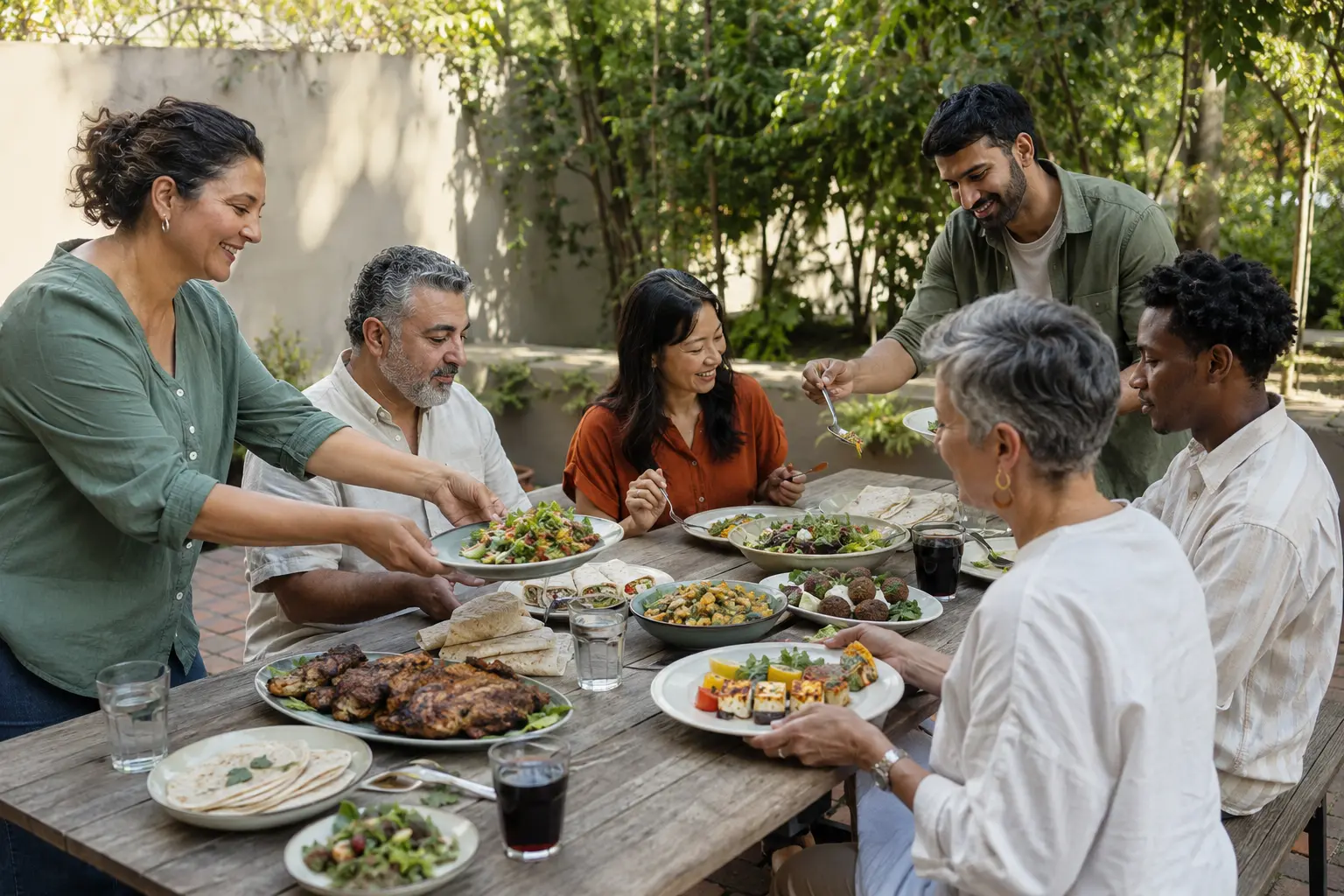 A multicultural group of adult neighbours sharing food around an outdoor table
