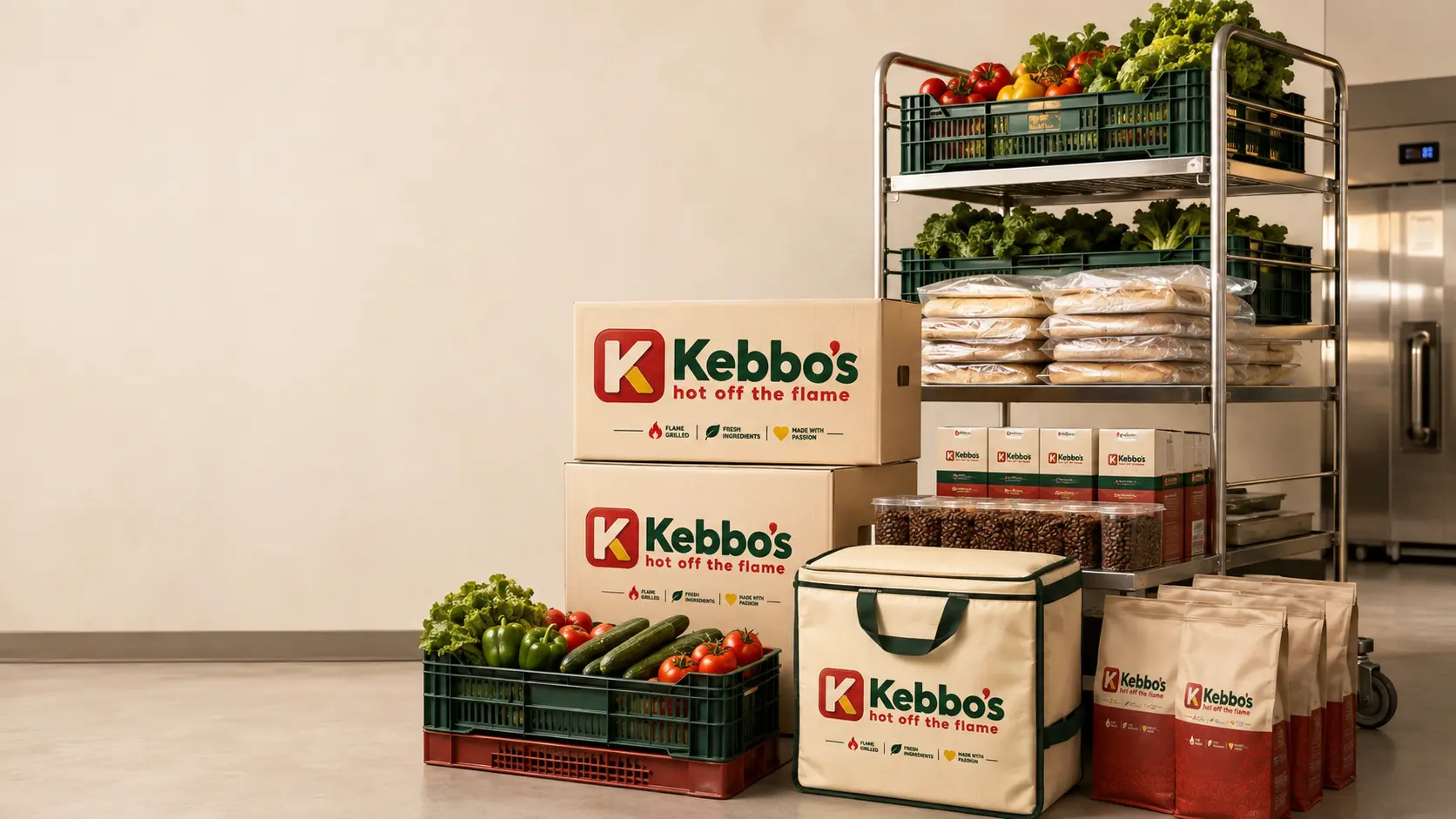 Kebbo’s branded supply cartons, fresh produce, bread and delivery equipment in a clean receiving area