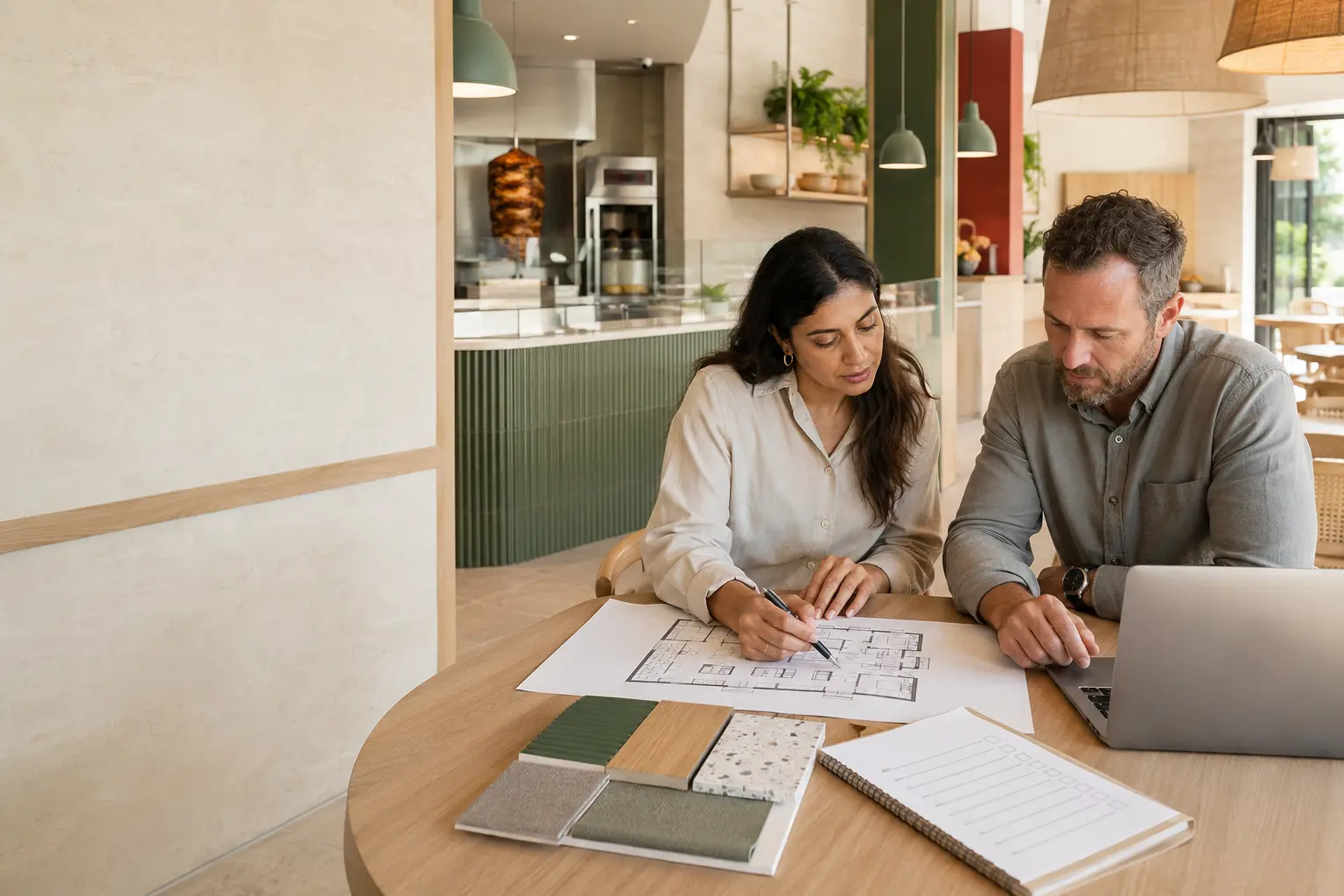 Two adult business operators reviewing plans for a future restaurant