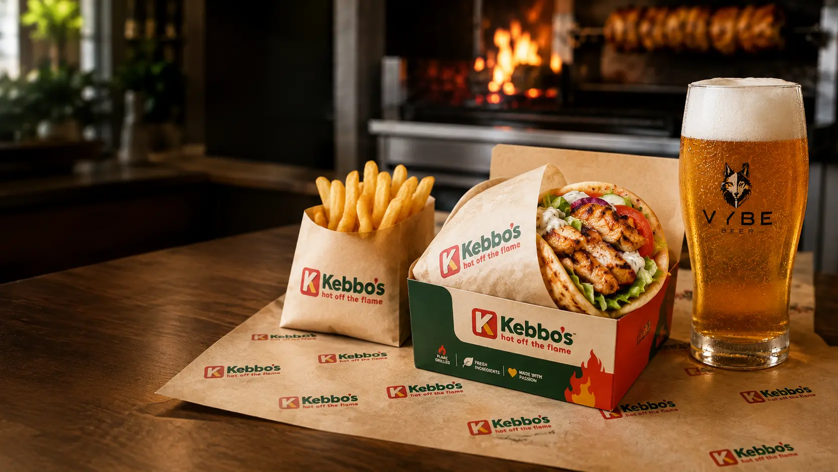 A large half-wrapped Kebbo’s chicken kebab in a branded box with chips and a VYBE-branded beer glass