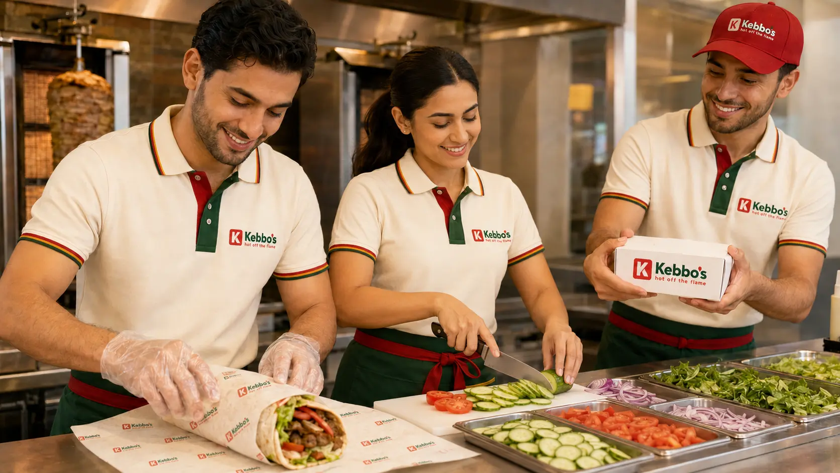 Three Kebbo’s team members working together in the original cream polos, green aprons and red-green trim